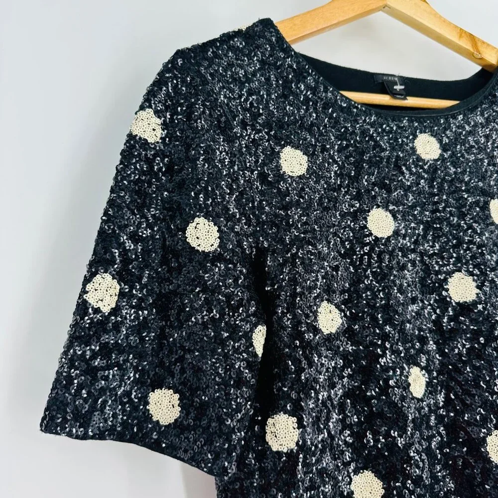 J. Crew Black Ivory Polka Dot Womens Scoop Neck Sequin Top Festive Party Size S - Picture 5 of 9
